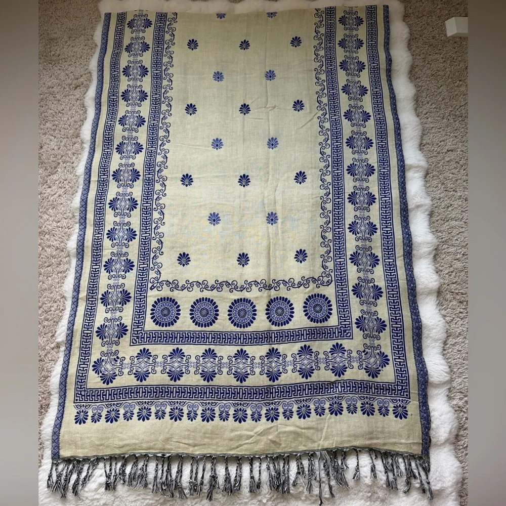 Reversible Mamta Sapphire Blue and Ivory Floral Shawl Scarf with Rhinestones .
